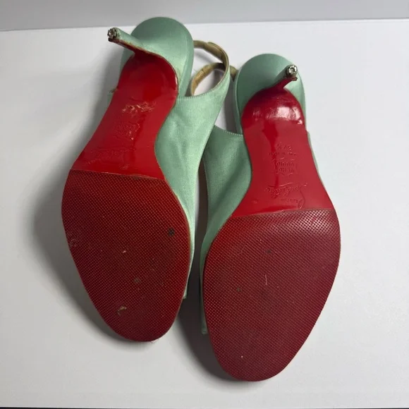 Christian Louboutin Red Bottom Teal Satin Slingback Peep Toe Heels Size 37.5 - Picture 6 of 11
